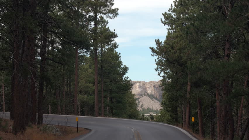 SLOW MOTION Iconic Mount Rushmore monument behind lush pine tree canopies in Black Hills, South Dakota, United States. Famous US presidents Washington, Roosevelt, Jefferson and Lincoln rocky sculpture