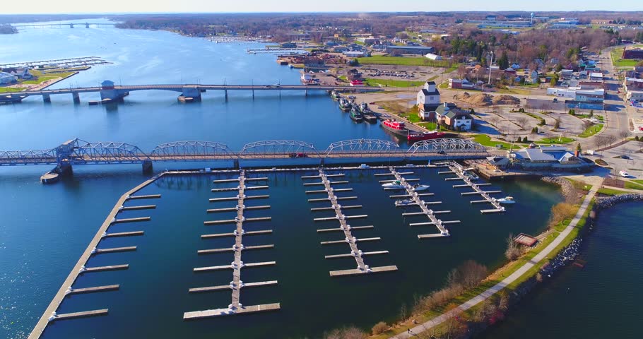 Scenic Sturgeon Bay, Wisconsin bridges and marina, aerial view.
