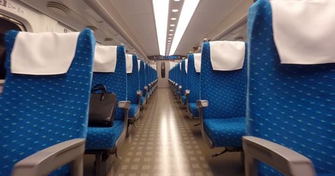 TOKYO, JAPAN - CIRCA MARCH, 2017: Walking inside N700 Shinkansen train (Bullet Train). N700 series trains have a maximum speed of 300 km/h (186 mph).