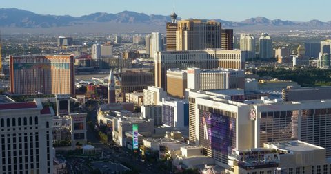 LAS VEGAS - Circa April, 2017 - A high angle daytime long establishing shot of the famous Las Vegas Strip.	
