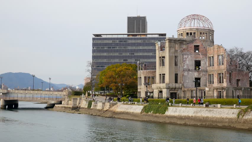 Panoramic view of the Atomic Bomb Dome (Genbaku Dome). This dome was the only structure left standing in the area where the first atomic bomb exploded on 6 August 1945. Hiroshima, Japan. 