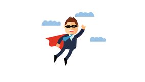 Office superhero businessman flying  on a sky background. happy worker. business design concept. video