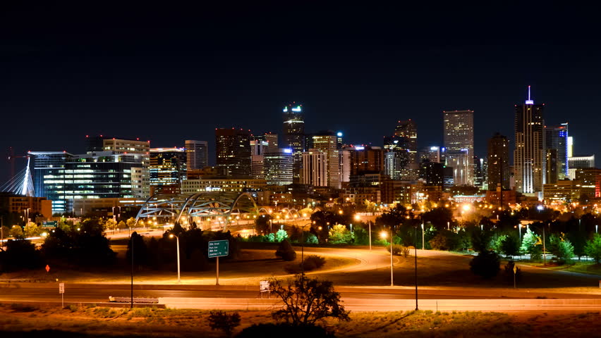 1080p looping timelapse of Denver, Colorado at night with skyline and traffic in motion