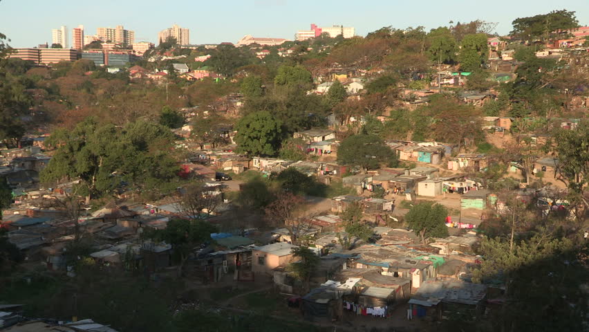 A wide shot of a informal settlement you see trees and the squatters houses are