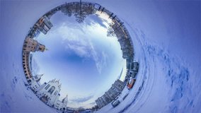 Churches on Skyline, Spherical Video, Panorama Video 360 Degree Rabbit Hole Planet. Time Lapse. Winter in Chernihiv, Square is Covered With Snow, Religious Buildings. Journey to the Earth Core. Sky