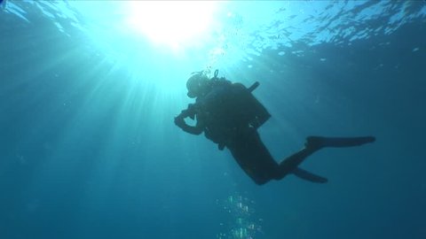 silhouette female scuba diver sun beam shine rays underwater lady woman diver relaxing blue ocean scenery of somebody