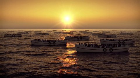 Refugees on boats floating on the sea sunset