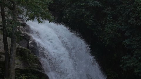 Waterfall flowing in forest slow motion