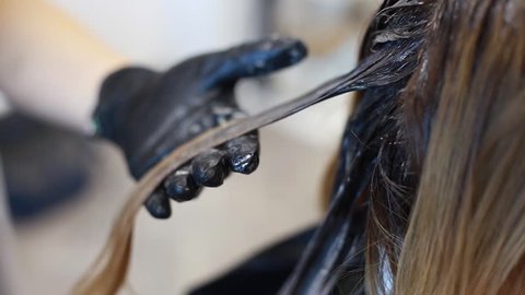 Hairdresser apply hair dye on the hair (only hands)