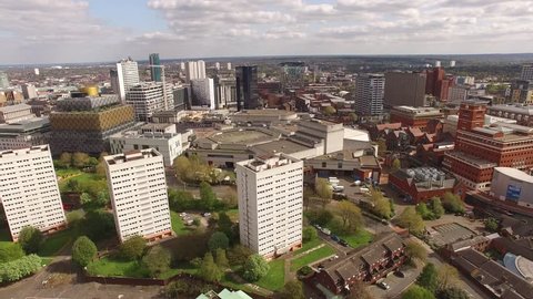 Birmingham UK Aerial Panning shot with Library, Symphony Hall and Brindley Place