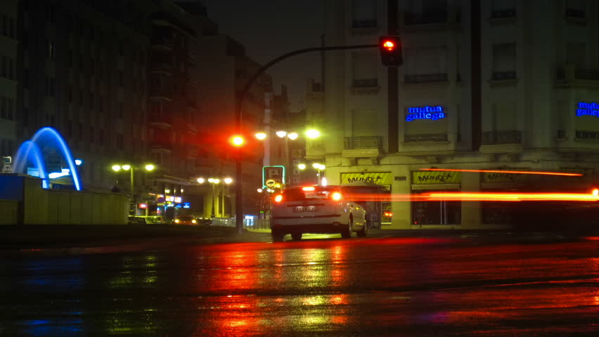 LEON, SPAIN - CIRCA 2011: Time lapse of a busy intersection  at night circa 2011