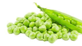 fresh green peas isolated on white background,  2160p intro motion slow