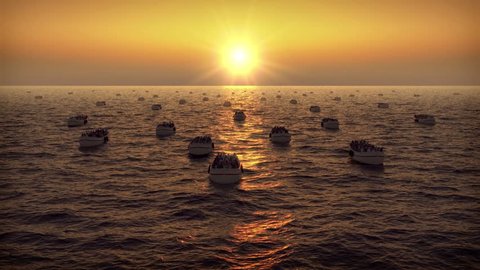 Refugees on boats floating on the sunset