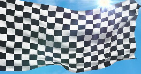 checkered flag, end race background, formula one competition waving on blue sky and sunlight