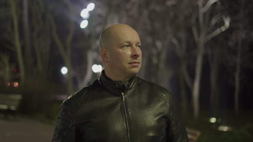 bald guy leather jacket