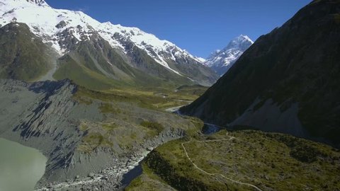 Mt Cook, New Zealand - Aerial view by drone flying over Hooker valley track, in Mt Cook National Park, New Zealand. Travel destination in Mt Cook, New Zealand.