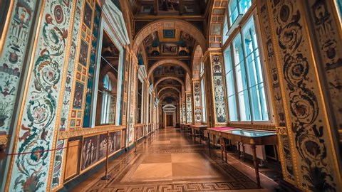 SAINT PETERSBURG, RUSSIA - FEB, 2017:The Raphael Loggias at State Hermitage Museum. Raphael Loggias are the exact copy of the Gallery in the Papal Palace in Vatican City.
