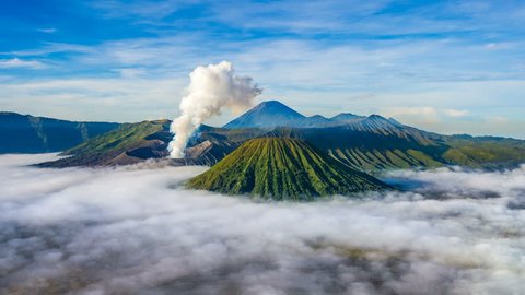 Time Lapse of Mount Bromo volcano (Gunung Bromo) during sunrise from viewpoint on Mount Penanjakan in Bromo Tengger Semeru National Park, East Java, Indonesia.