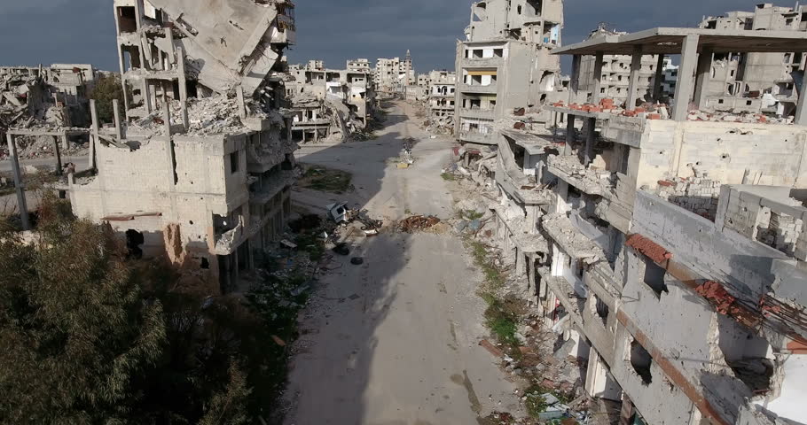 A flight of a drone over the city of Homs in Syria