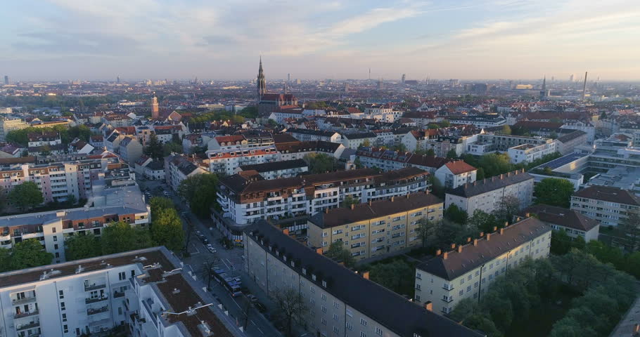 Aerial view of Munich Germany City at sunset from sky. Royalty-Free Stock Footage #26374709