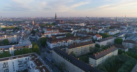 Aerial view of Munich Germany City at sunset from sky.