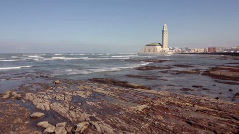 View on seafront of Grande Mosquée Hassan II in Casablanca, Morocco.