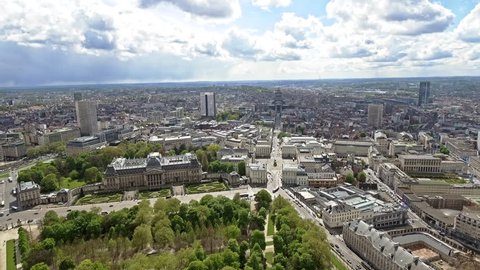 Aerial view of the Royal Palace of Brussels ( Palais de Bruxelles ) and the Cityscape in Belgium feat. Museums and Famous Landmarks Around Centre and Town Hall in 4K Ultra HD