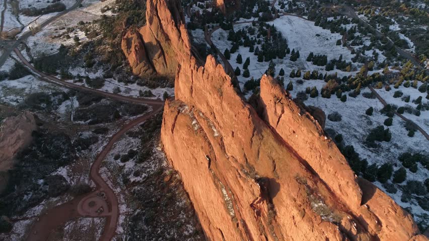 Garden of the Gods Pikes Peak Colorado Sunrise Aerial 4K