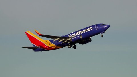 Southwest Airlines Boeing 737 plane take off departure, sound - Logan Airport Boston, Massachusetts USA - April 9, 2017