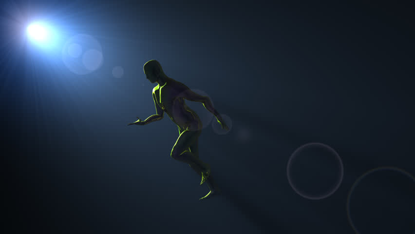 Silhouette of a slow motion runner with noisy volumetric light and lens