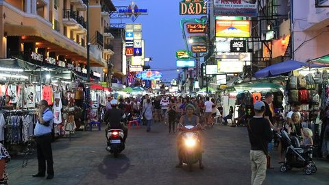 BANGKOK, THAILAND - APRIL 27,2017: view from above of people making their way through Khao San Road night market a main tourist destination. Khaosan Road is street food landmark of Bangkok, Thailand 