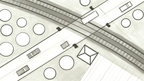 Road in countryside with traffic at railway crossing  and trains passing by. Aerial top view. Hand drawn animation. Seamless loop.