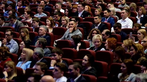 Moscow, Russia - April 24, 2017: People attend Synergy Global Forum at Crocus Expo Hall. This is one of the largest business forums with more than 5000 participants