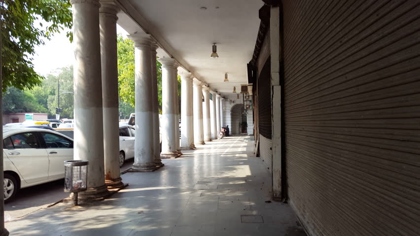 Rich expensive shopping area, empty street, Connaught Place, New Delhi, India