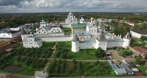 Aerial drone video of Rostov Kremlin area, located on shore of Nero Lake in center of Rostov in Yaroslavl oblast in north-eastern Russia 200 km away from Moscow