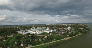 Aerial drone video of Rostov Kremlin area, located on shore of Nero Lake in center of Rostov in Yaroslavl Oblast in north-eastern Russia 200 km away from Moscow
