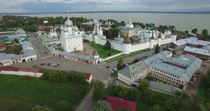 Aerial drone video of complex of ancient churches in Rostov area, located on shore of Nero Lake in center of Rostov in Yaroslavl Oblast in north-eastern Russia 200 km away from Moscow