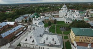Aerial drone video of complex of ancient churches in Rostov area, located on shore of Nero Lake in center of Rostov in Yaroslavl Oblast in north-eastern Russia 200 km away from Moscow