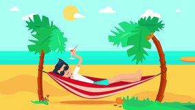 Hello Summer Animation Concept with tourist drinking cocktail in hammock on palm beach. Vacation and travel tropical motion graphics with sun and exotic island.