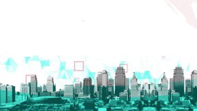 CGI animation with panning shot of city landscape against abstract background of geometric shapes and dots - Powered by Shutterstock - Get 15% off with code: PIKWIZARD15