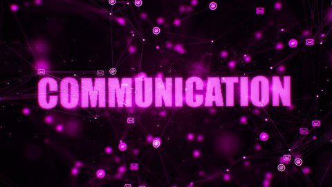 CGI animation of pink flickering dots and messaging icons connected by strings floating in digital space with plexus effect, then glitching word communication appearing