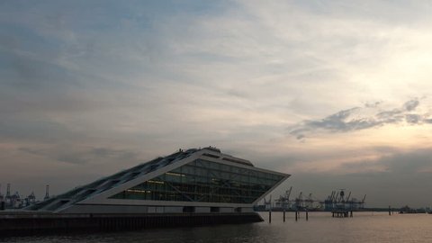 HAMBURG, GERMANY - OCT 02, 2012: Sunset 4K time lapse of the Docklands and harbor area zoom out