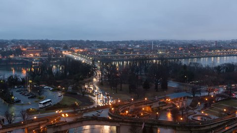 Washington D.C. 4K Timelapse Twilight Downtown Traffic Aerial with view over the Potomac River and Francis Scott Key Bridge
