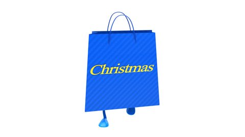 Walking blue christmas bag Loop. Beautiful blue christmas bag walking happily. Using alpha matte you can use them separately or change background.