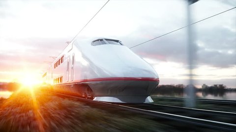Electric passenger train. Very fast driving. journey and travel concept. Realistic 4k animation.