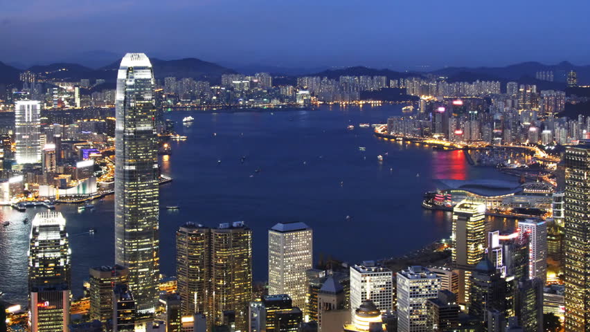 Blue Night in Hong Kong ( zoom out ) - Central District, Victoria Harbor, Hong