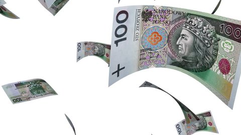 Falling Polish Zlotys (Loop on White). Falling 100 PLN bills. Perfect for your own background. Seamless loop, no motion blur, clean mask.