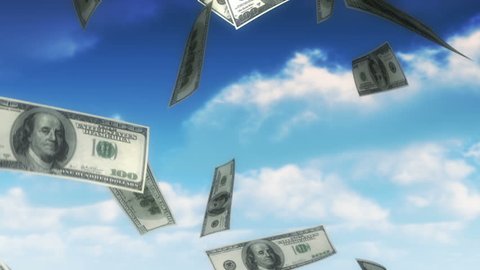 Money from Heaven - USD (Loop). 100 dollars bills falling from sky. Seamless loop, slight motion blur for realistic movement.