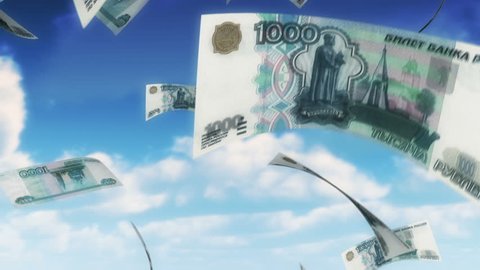 Money from Heaven - RUB (Loop). 1000 Russian Rubles bills falling from sky. Seamless loop, slight motion blur for realistic movement.
