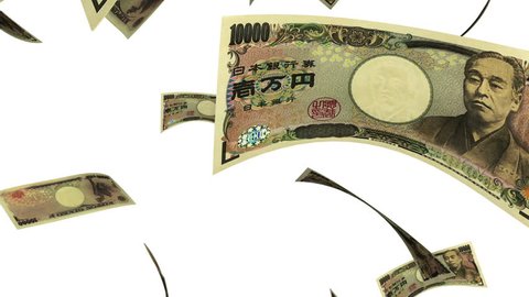 Falling Yen (Loop on White). Falling Japanese Yen bills (10000 JPY). Perfect for your own background. Seamless loop, no motion blur, clean mask.